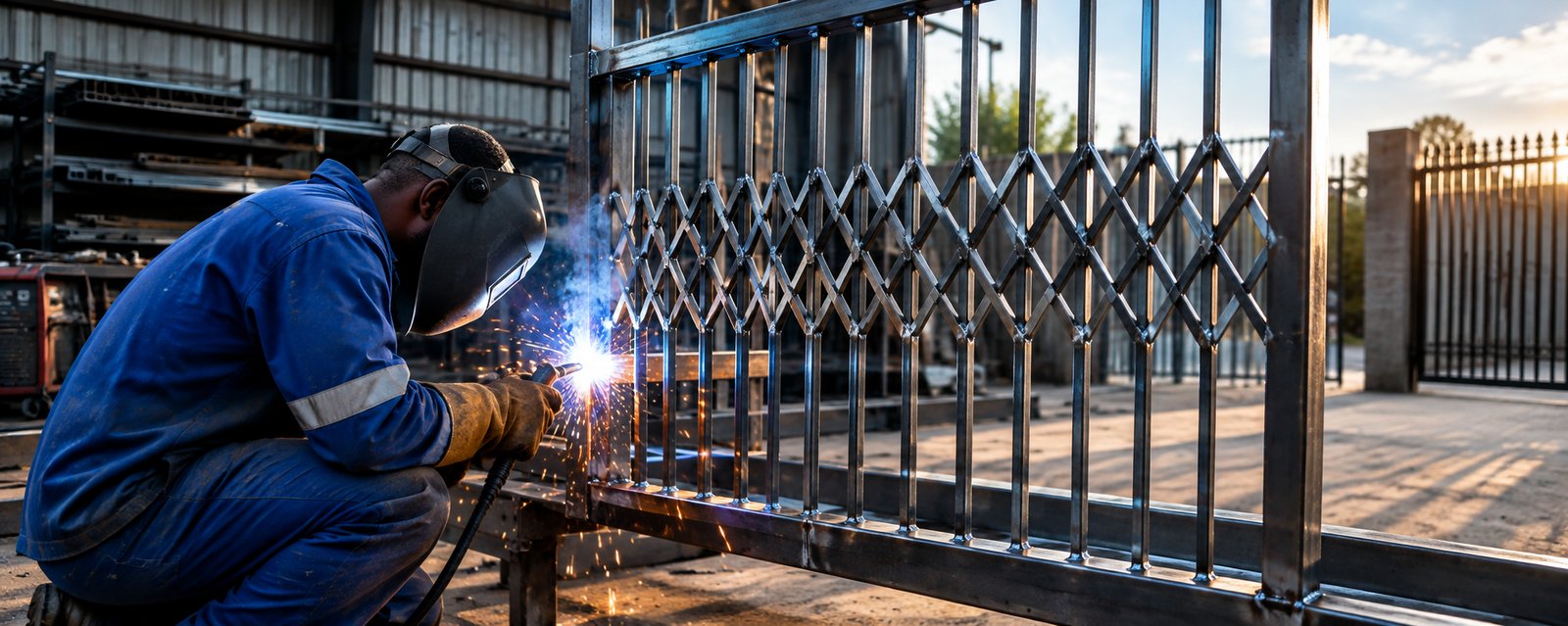 Welder fabricating a steel security gate with sparks flying